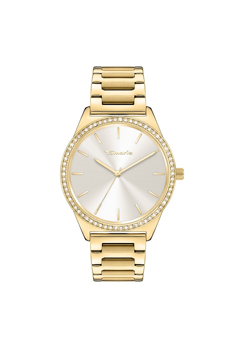 Gouden polshorloge met een zilveren wijzerplaat, minimalistische uurmarkeringen en een bezel versierd met heldere kristallen; gekoppelde metalen band.
