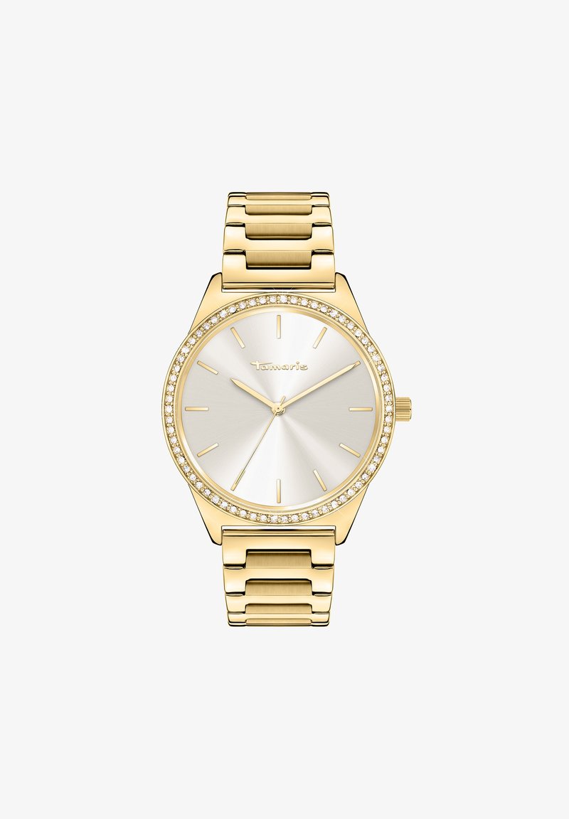 Gouden polshorloge met een zilveren wijzerplaat, minimalistische uurmarkeringen en een bezel versierd met heldere kristallen; gekoppelde metalen band.