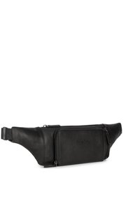 Borsello in pelle nera con un compartimento principale e una tasca frontale con zip aggiuntiva. Dotato di una tracolla in nylon e una texture liscia.