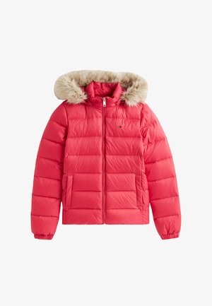 Rote Puffjacke mit einer Kapuze aus Kunstfell, Reißverschluss, zwei Fronttaschen, gestepptem Design und elastischen Bündchen.