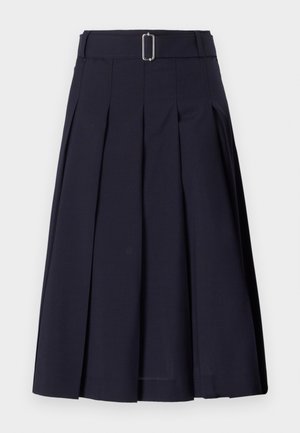 Navy pleated skirt with a fabric belt and rectangular silver buckle, features a flared silhouette and smooth texture.