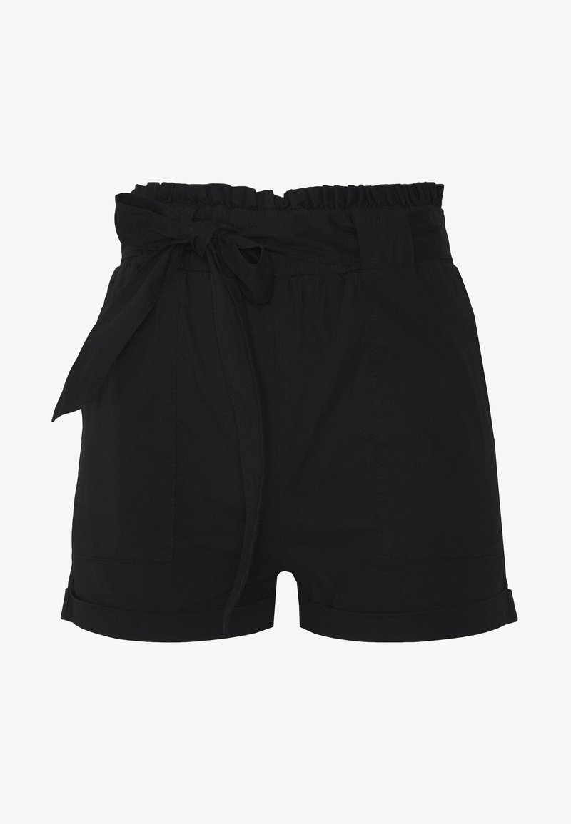 Shorts en coton noir avec une taille élastique, détail de nœud lié et deux poches latérales. L'ourlet est retourné pour un look structuré.