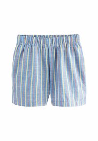Lichtblauwe shorts met verticale strepen in geel, roze en rood. Elastische tailleband met geplooide textuur, zonder zakken. Katoenen materiaal.