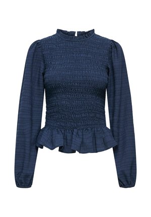 Tumši zila blūze ar smocked tekstūru, augstu kakla izgriezumu, garām piedurknēm un vilinošu maliņu. Izgatavota no viegla auduma. Gluda apdare.