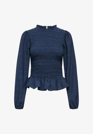 Marineblå top med smocktekstur, høj hals, lange ærmer og en flæsekant. Fremstillet af letvægtsstof. Glat finish.
