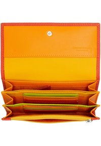 Colorful leather wallet with orange, yellow, and red sections. Features multiple card slots, a zipper compartment, and a snap closure.