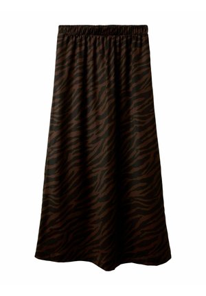 Jupe midi imprimée zèbre marron et noire avec taille élastique et ourlet évasé.