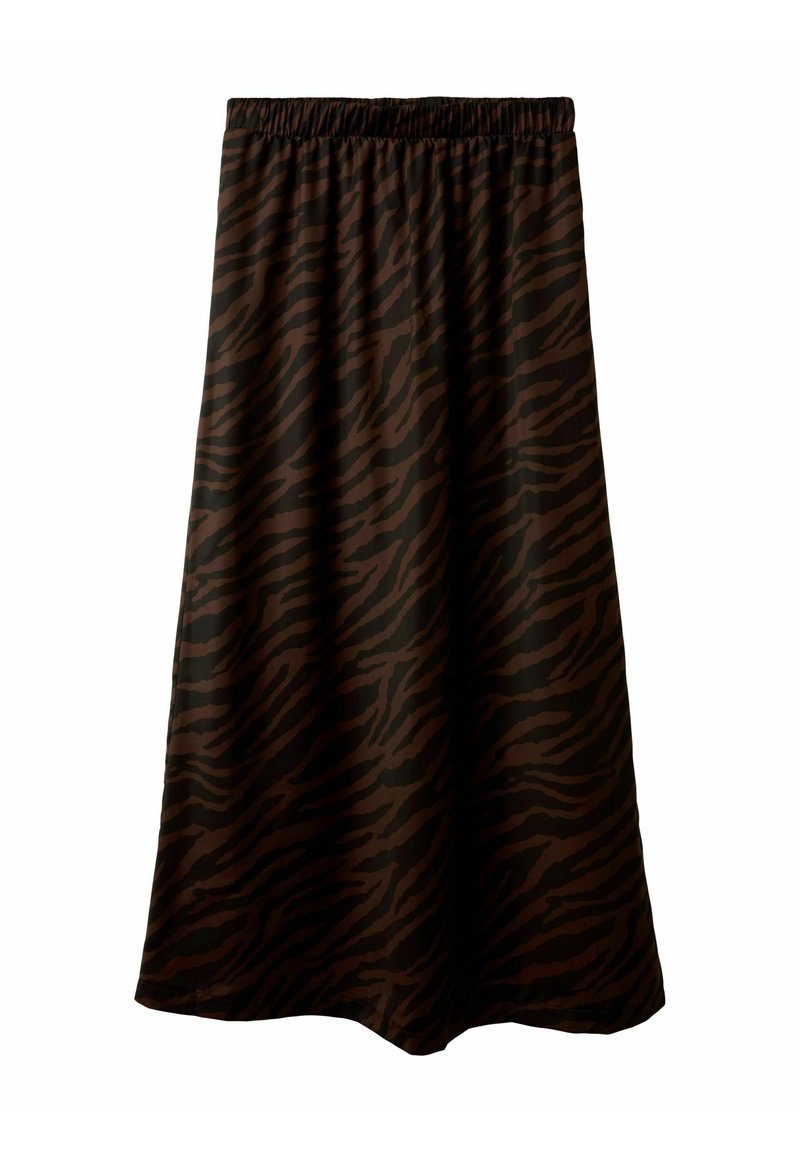 Brun og sort zebra-mønstret midi nederdel med elastisk talje og flared kant.
