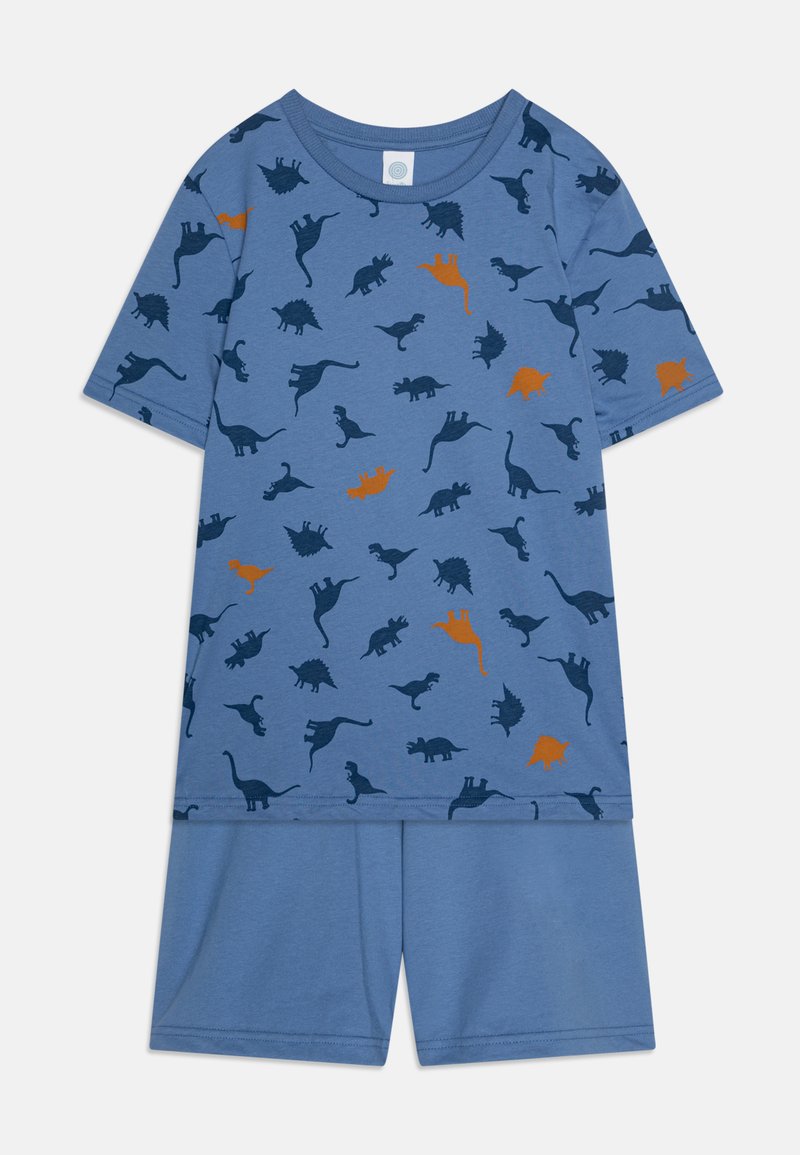 Set di pigiama blu a maniche corte con un motivo di dinosauri in blu scuro e arancione. Tessuto morbido con pantaloni corti che abbinano il design della maglietta.