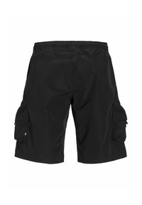 Short cargo noir avec taille élastique et grandes poches à rabat des deux côtés, vu de dos sur fond blanc.