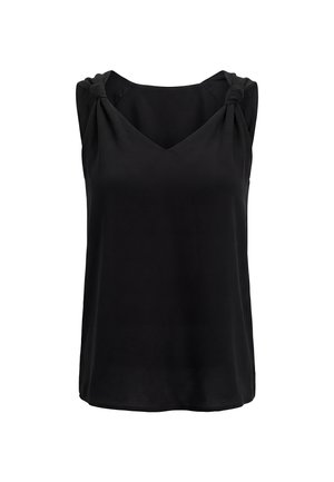 Schwarze ärmellose Bluse mit V-Ausschnitt und gesammelten Knoten an den Schultern, gefertigt aus glattem, leichtem Stoff.