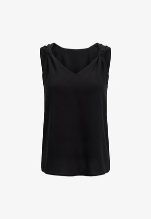 Zwarte mouwloze blouse met V-hals en verzamelde knopen op de schouders, gemaakt van glad en lichtgewicht stof.