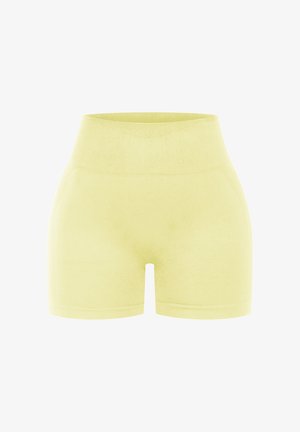 Pantaloni corti giallo chiaro a vita alta realizzati in tessuto morbido. Presentano una texture liscia e un design aderente con orli ben rifiniti.