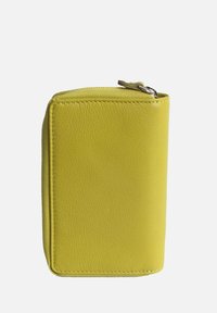 Yellow leather wallet with a textured surface, rectangular shape, top zipper closure, and contrasting stitching details.