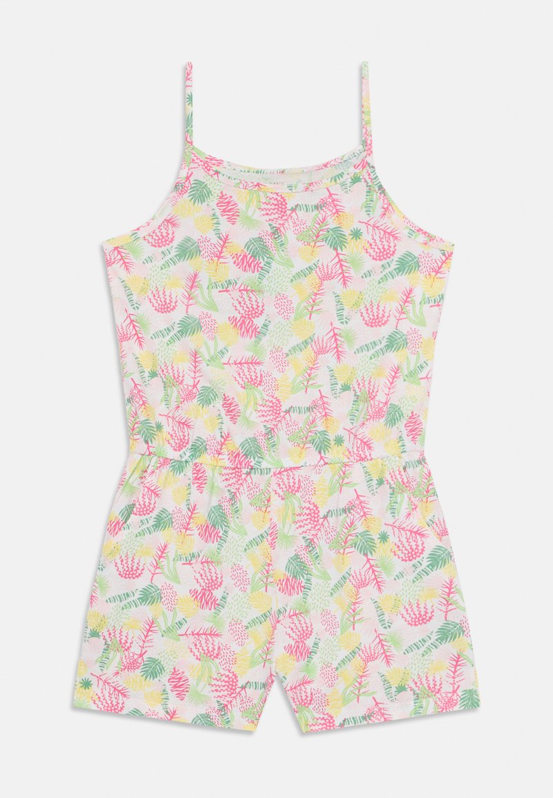 Mono de tirantes finos con estampado tropical en tejido ligero. Presenta un diseño colorido de hojas en tonos rosa, verde y amarillo. Tirantes ajustables.