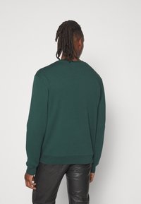 Zielona bluza z okrągłym dekoltem i ściągaczami na rękawach, wykonana z miękkiego materiału. Widoczna od tyłu, zestawiona z teksturowanymi czarnymi spodniami.