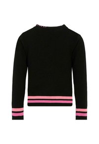 Maglione nero con maniche lunghe, con strisce rosa ai polsini e all'orlo, e un dettaglio del logo rosa sullo scollo. Texture liscia.