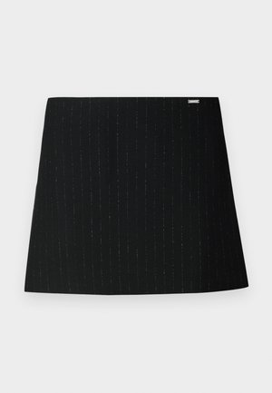 Black mini skirt with subtle vertical pinstripes and small rectangular brand label near the waist against a plain background.