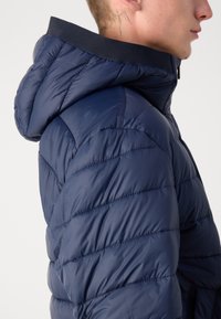 Tumši zila pūkainā jaka ar kapuci, ar kvadrātu rakstu, augstu apkakli un elegantiem šuvēm. Viegls un siltuma saglabāšanai paredzēts dizains.
