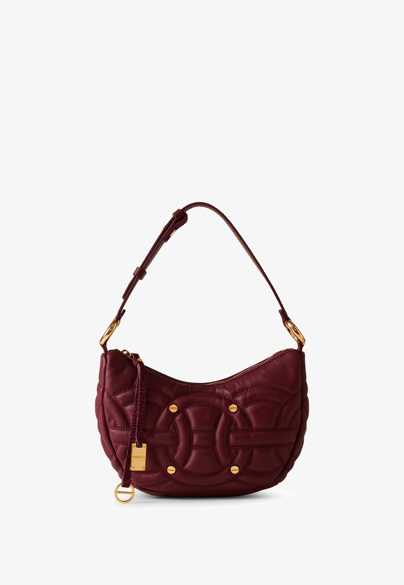 Burgundy leather handbag with a curved shape, quilted pattern, gold hardware accents, and an adjustable strap. Features a zip closure.