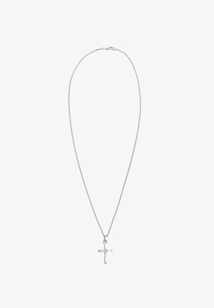 Srebrna ogrlica s tankim, fleksibilnim lančićem i malim privjeskom u obliku križa. Križ ima poliranu površinu s jednostavnim dizajnom.