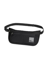 Borsetta nera a vita con texture in tessuto, dotata di un compartimento principale con zip e una piccola tasca anteriore. Include una tracolla regolabile e dettagli con logo.