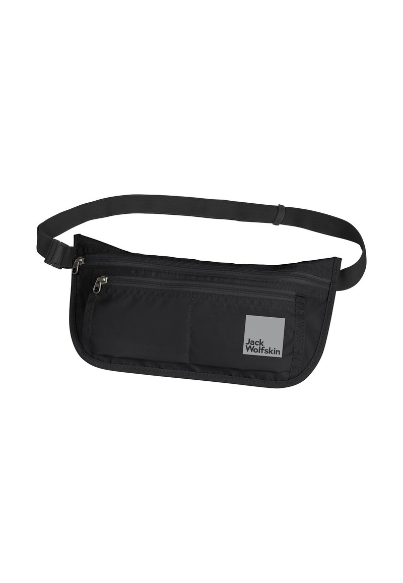 Borsetta nera a vita con texture in tessuto, dotata di un compartimento principale con zip e una piccola tasca anteriore. Include una tracolla regolabile e dettagli con logo.