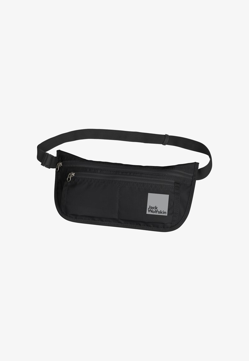 Schwarze Bauchtasche mit Stoffoberfläche, ausgestattet mit einem Hauptfach mit Reißverschluss und einer kleinen Fronttasche. Mit verstellbarem Riemen und Logodetail.