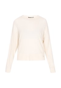 Weißer, kürzer geschnittener Pullover mit langen Ärmeln, gerippten Bündchen und glatter Textur. Mit einem dezenten Markenlogo nahe dem Saum.
