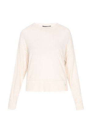 Baltas trumpas megztinis su ilgomis rankovėmis, su raukiniais ant rankovių ir lygia tekstūra. Yra subtilus prekės ženklo logotipas netoli apatinės dalies.