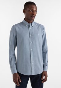 Camicia a maniche lunghe a quadri blu e bianchi con colletto e un piccolo logo sul petto. Realizzata in un tessuto liscio.