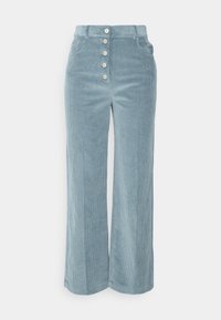Helle blaue Corduroy-Hosen mit weitem Bein und hoher Taille, fünf Knöpfen und zwei Seitentaschen. Der Stoff hat eine gerippte Textur.