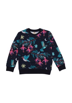 Marineblaue Sweatshirt mit floralem Muster, das pinkfarbene Fuchsia-Blumen und bunte Kolibris zeigt. Rundhalsausschnitt und gerippte Bündchen. Weicher Stoff.