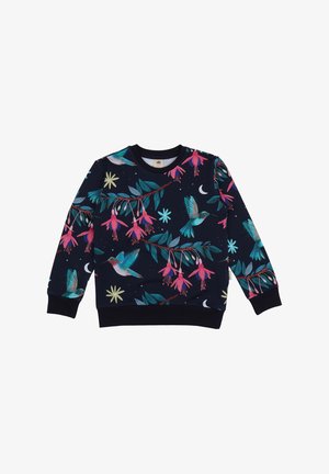 Marineblaue Sweatshirt mit floralem Muster, das pinkfarbene Fuchsia-Blumen und bunte Kolibris zeigt. Rundhalsausschnitt und gerippte Bündchen. Weicher Stoff.