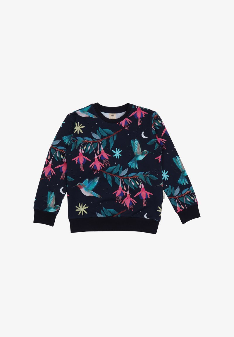 Marineblaue Sweatshirt mit floralem Muster, das pinkfarbene Fuchsia-Blumen und bunte Kolibris zeigt. Rundhalsausschnitt und gerippte Bündchen. Weicher Stoff.