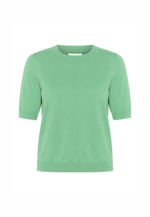 T-shirt à manches courtes en vert clair. Présente un col rond et des détails côtelés aux manches et à l'ourlet. Texture lisse, coupe décontractée.
