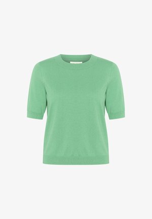 Kratak pleteni top s kratkim rukavima u svijetlozelenoj boji. Ima okrugli izrez i rebrasti detalj na rukavima i rubu. Glatka tekstura, ležeran kroj.