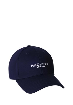Marineblaue Baseballkappe mit gebogenem Schirm und weiß besticktem "HACKETT LONDON" Schriftzug auf der Vorderseite.