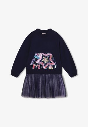 Námořnické dlouhé šaty s designem hvězdy a hexagonu z flitrů na těle, doplněné plisovanou tylovou sukní.