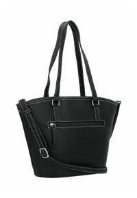 Zwarte nepleer tote bag met een gestructureerde afwerking, dubbele handgrepen aan de bovenkant, een verwijderbare schouderriem en een ritsvak aan de voorkant met witte stiksels.