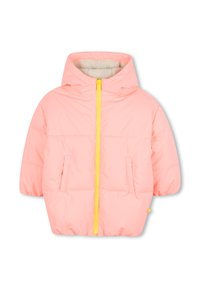 Veste rembourrée rose clair avec capuche et fermeture éclair jaune, dotée de deux poches avant. Doublure douce indiquant une isolation chaude pour les temps froids.