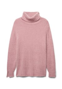 Maglione a collo alto di colore rosa chiaro, realizzato in materiale morbido e peluche. Presenta maniche lunghe e una vestibilità comoda, con una finitura accogliente e testurizzata.