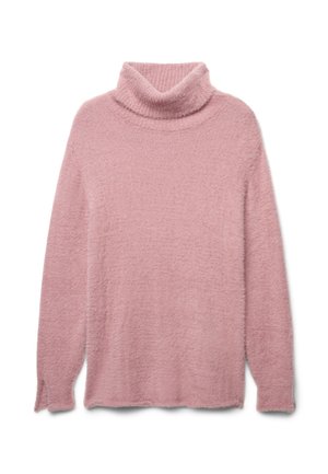 Maglione a collo alto di colore rosa chiaro, realizzato in materiale morbido e peluche. Presenta maniche lunghe e una vestibilità comoda, con una finitura accogliente e testurizzata.