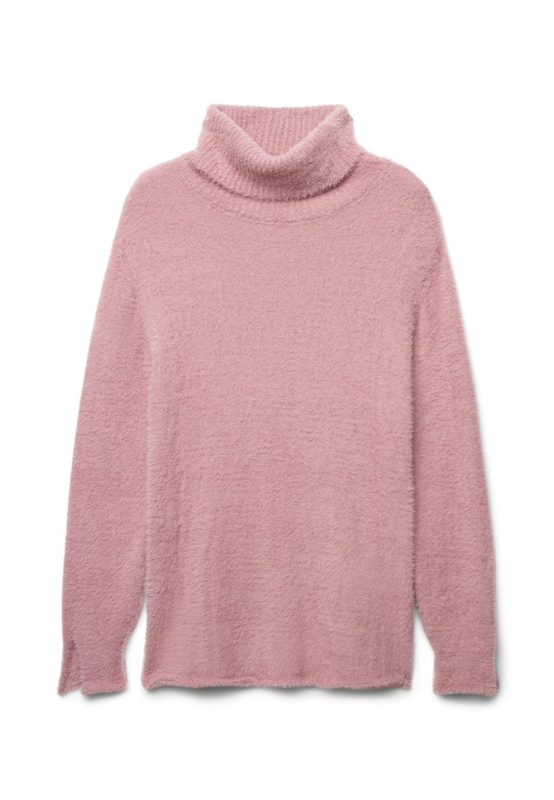 Maglione a collo alto di colore rosa chiaro, realizzato in materiale morbido e peluche. Presenta maniche lunghe e una vestibilità comoda, con una finitura accogliente e testurizzata.