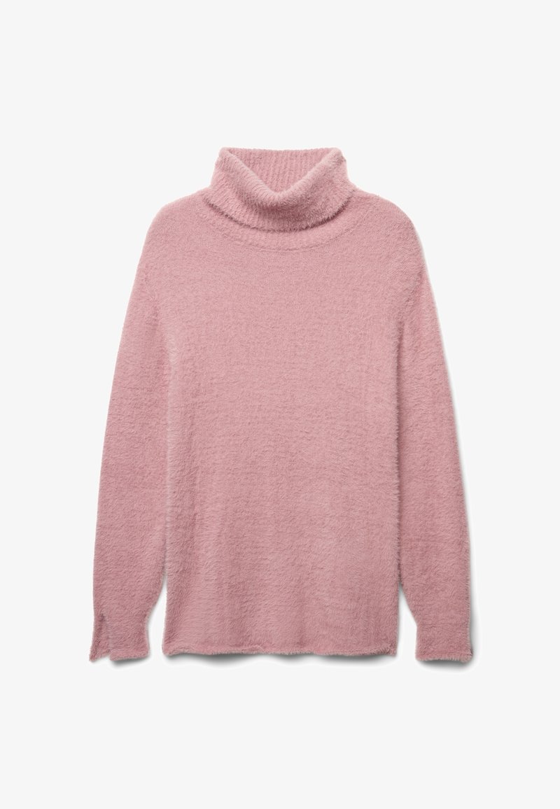 Helles rosa Rollkragensweatshirt aus weichem, plüschigem Material. Verfügt über lange Ärmel und eine lockere Passform, mit einem gemütlichen, strukturierten Finish.