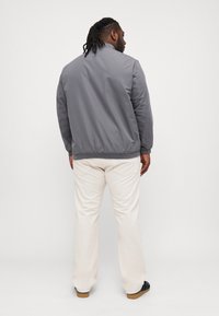 Chaqueta bomber gris con cuello alto, puños y dobladillo elásticos. Llevada sobre pantalones blancos de corte recto, que muestran una textura de tela suave.