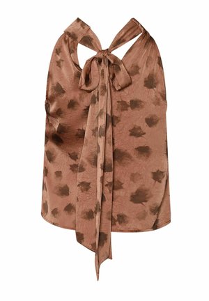 Brauner ärmelloser Oberteil mit Krawattenkragen, aus strukturiertem Stoff und einem dezenten Muster aus dunklen Flecken.