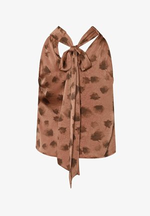 Brauner ärmelloser Oberteil mit Krawattenkragen, aus strukturiertem Stoff und einem dezenten Muster aus dunklen Flecken.