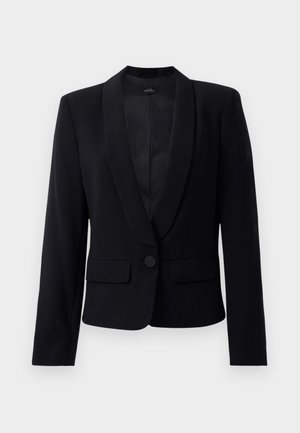 Svart blazer med slagkrage, enkelt knappelukking, og to frontlommer. Laget av glatt stoff med skreddersydd passform og lange ermer.