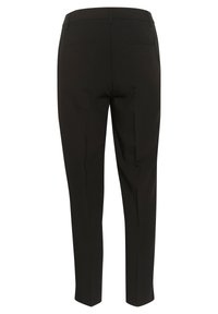 Black tailored trousers with a smooth fabric finish, featuring a slim fit and two back pockets. The legs taper towards the ankle.